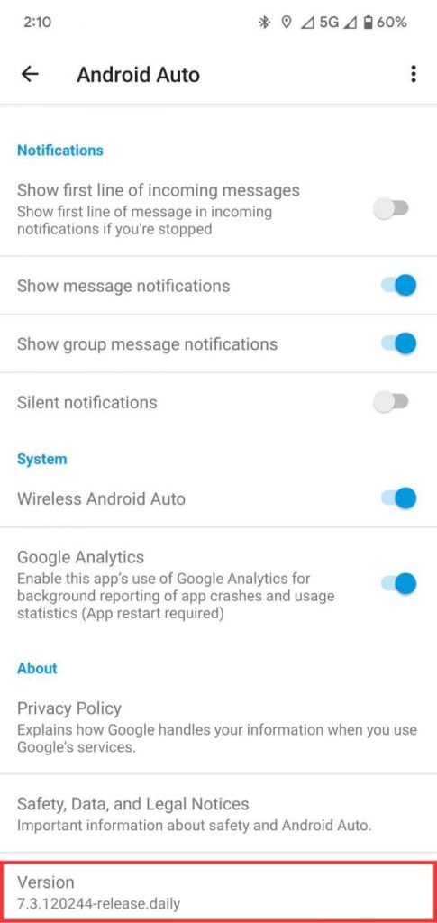 Android Auto Developer Options